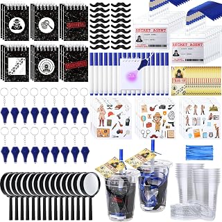 Engrowtic 163 Pcs Spy Detective Party Favors Invisible Ink Pen UV Mini Keychain Flashlight Spiral Mini Notebooks Secret Agent ID Card Holder Magnifying Glasses Fake Mustache Cup Sticker Party Card