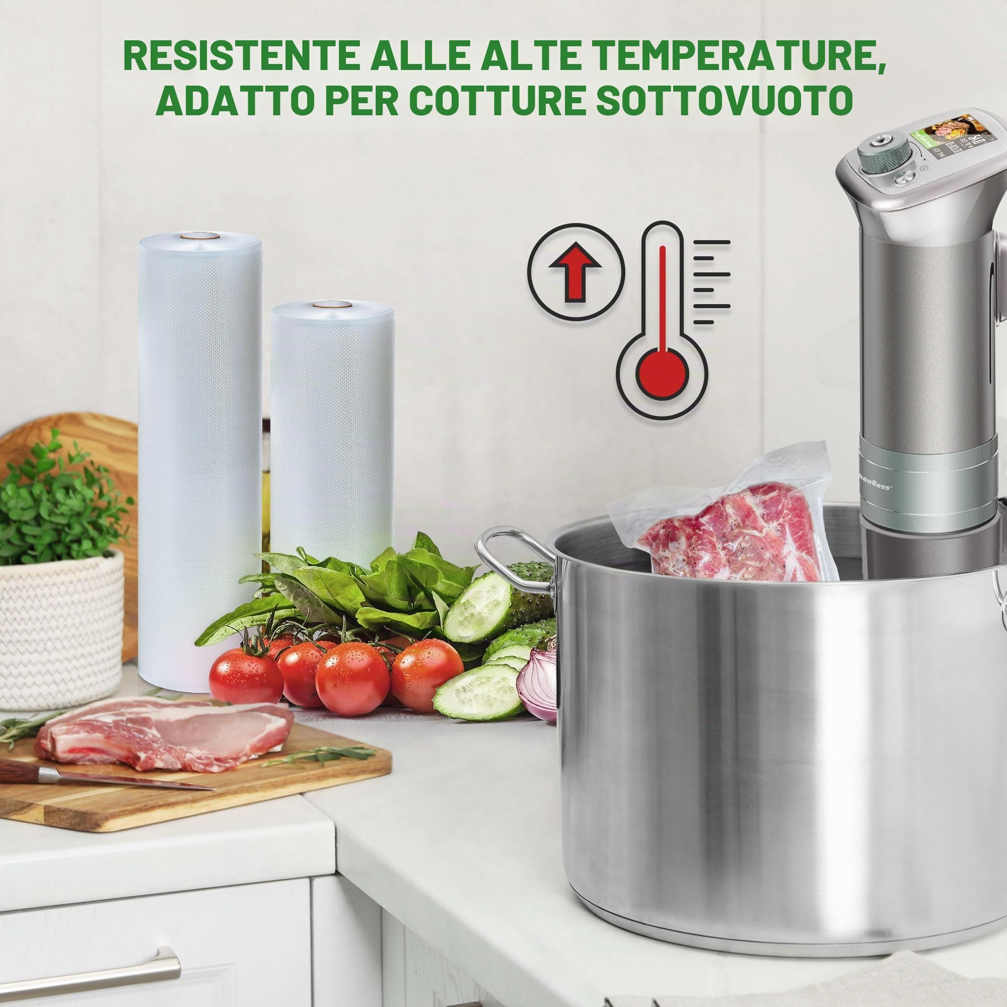 KitchenBoss 20 Rotoli Sacchetti Sottovuoto Alimenti：Rotoli Sottovuoto Alimenti con 2 Scatole di Taglio, 20/28 x 300cm (10 pcs ciascuno), Sacchetti Sottovuoto per Alimenti Commerciali per Conservazione