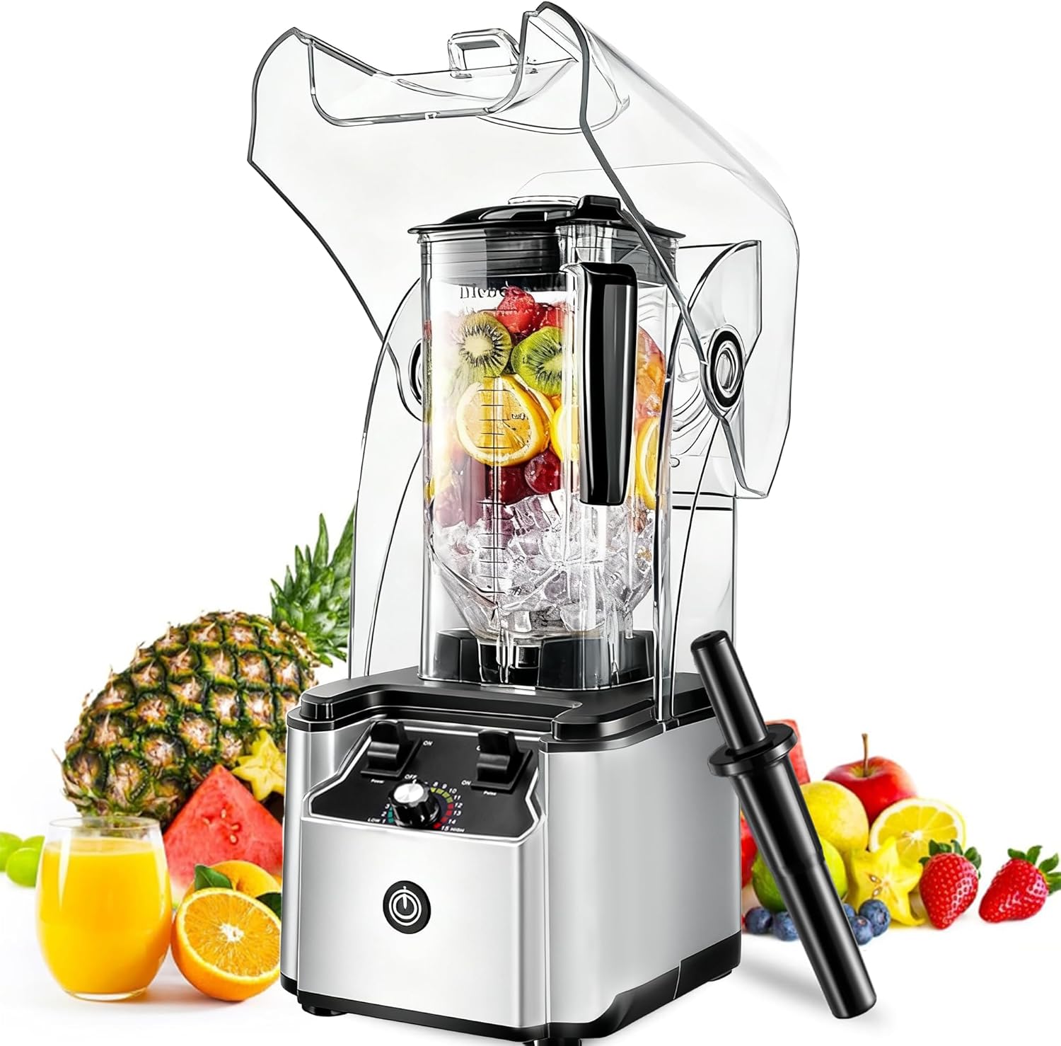 Commercial Blender for Smoothies 2200W with Soundproof Cover, 2200 ML, 15 Speeds, 6-leaves Stainless Steel Blade,Heavy Duty Blender for Restaurant,Ice Crush,Shakes, 9.5"D x 9"W x 19.7"H (Silver)