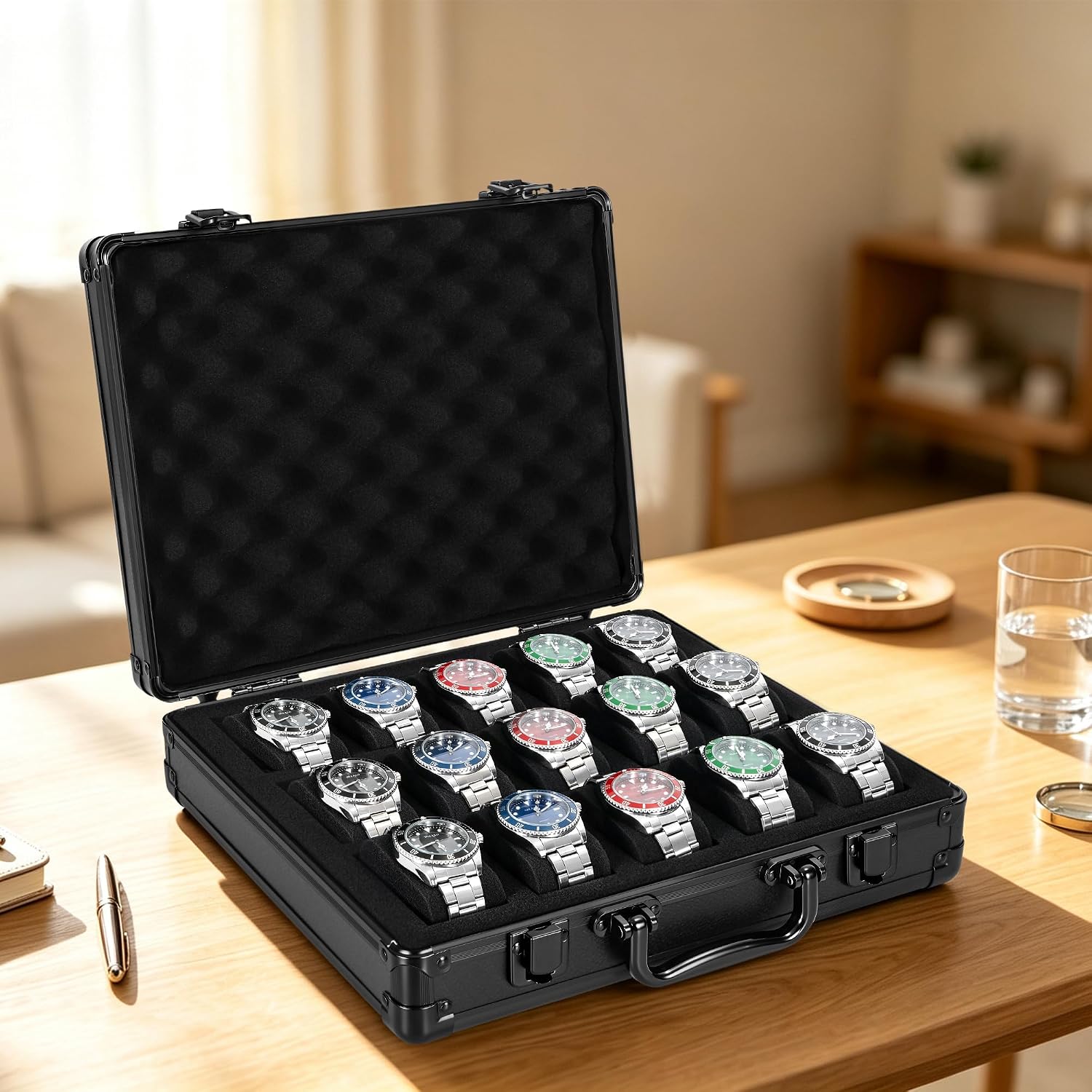 15 slots Watch organizer Case, Black Aluminum watch storage box
