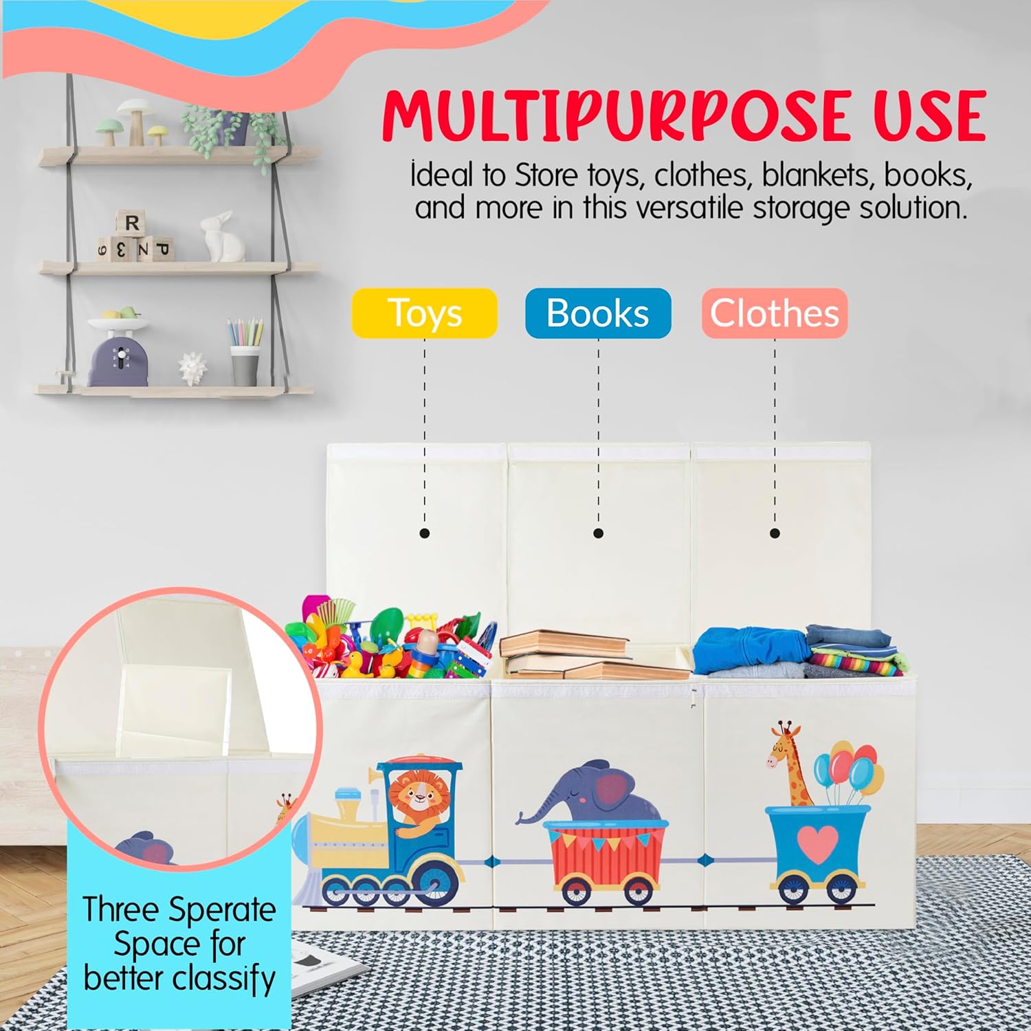 Extra Large Collapsible Sturdy Toy Storage Organizer with Lids, Animal Train Toy Box for Boys Girls, 40"x16"x16", Modern, Beige