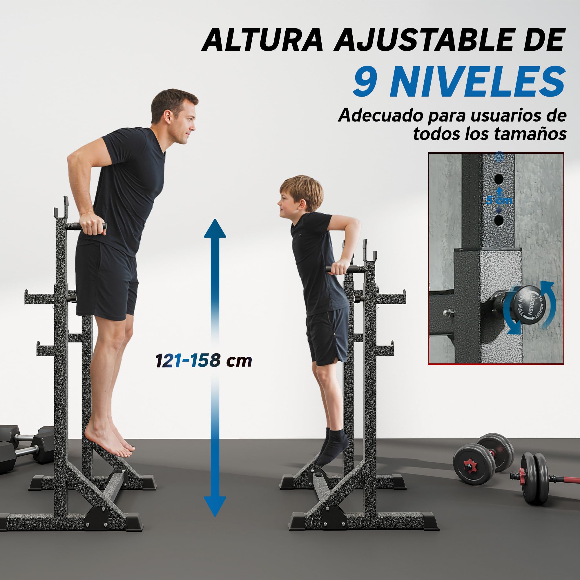 SPORTNOW Soporte para Barras de Pesas Multifuncional Gimnasio 150 kg Negro | Altura y Ancho Regulable, Rack Musculación, Estructura de Acero, Entrenamiento en Casa Gimnasio