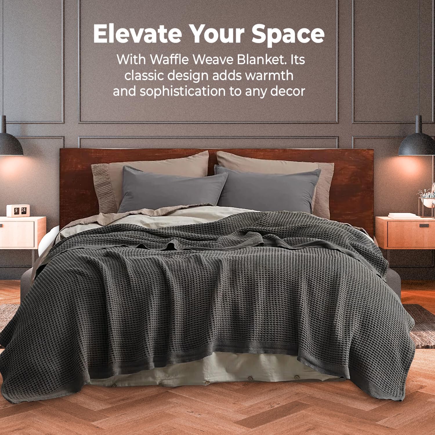 100% Cotton Blankets Queen Size for Bed - Waffle Weave Blankets for Summer, Lightweight and Breathable Soft Woven Blanket for Spring, White, 90x90 Inches (Dark Grey, Queen (90" x 90")) - Image 6