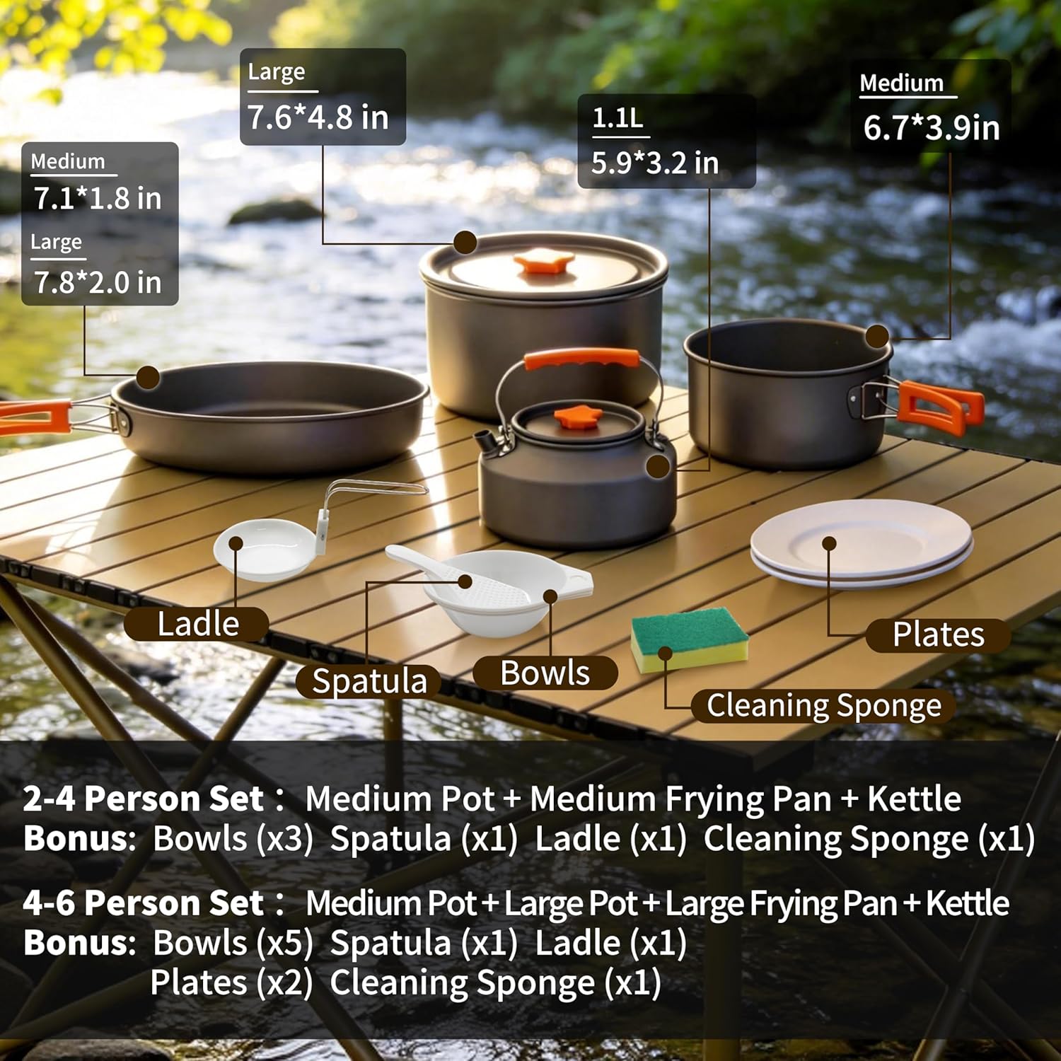 Collapsible Camping Cookware Set, Portable 4-in-1 Outdoor Camping pots and Pans Set with Nonstick Frypan, Pot, Kettle & Carry Bag, Hard-Anodized Aluminum for Camping, Hiking (2-6 Person)