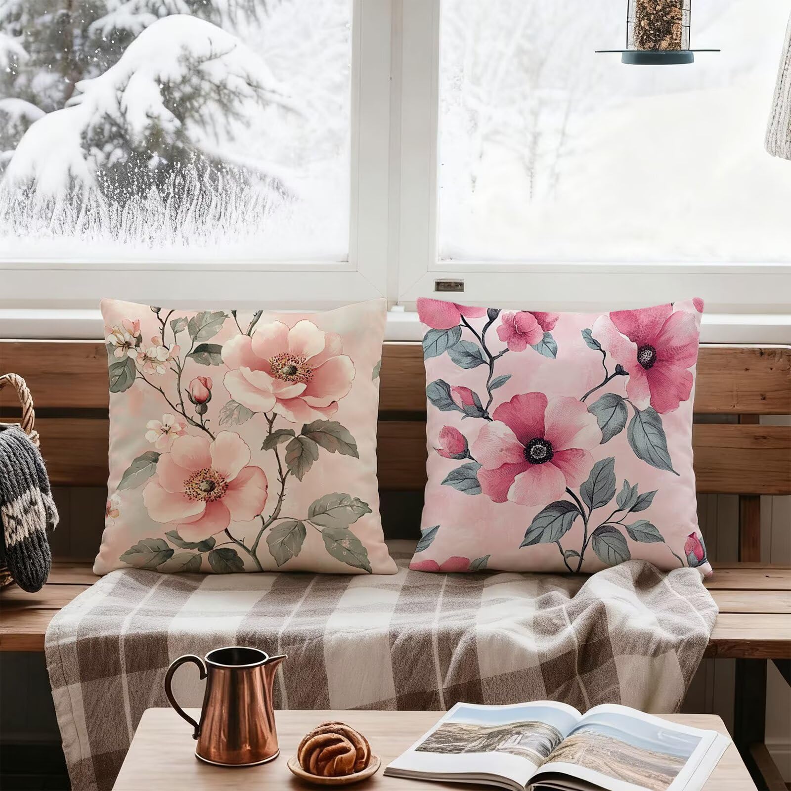 Rose Housse Coussin 60x60 Fleur Taie Oreiller 60x60 Lot de 4 Super Doux Protege Oreiller 60 x 60 Decoration Automne Taie D'oreiller Carrées Coussin Canape, pour Maison Chambre Canapé Chaise E - 269