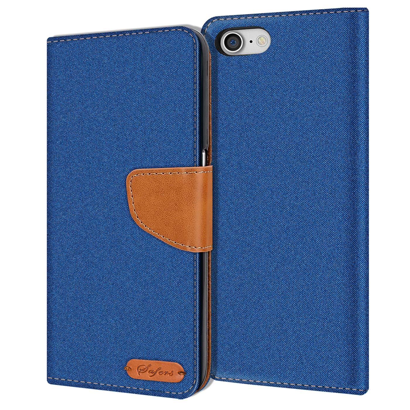 Verco Phone Wallet Case compatible with the iPhone 8, Canvas Faux Leather Book Cover for the Apple iPhone 7 Flip Case Bag Hinged - Blue