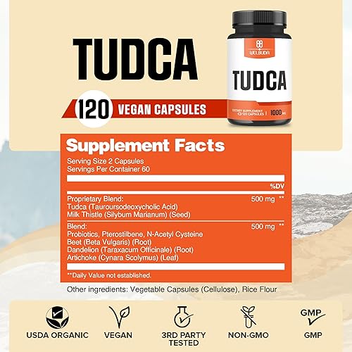 Miniatura 2 de Suplemento Tudca 8 en 1 de 1000 mg  120 cápsulas durante 2 meses  Extra fuerte con cardo mariano, probióticos, raíz de remolacha, diente de león y