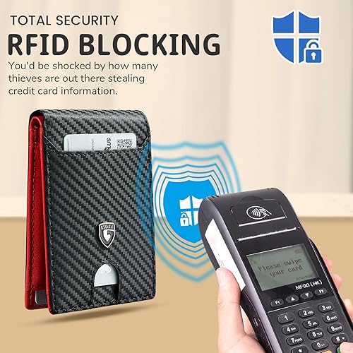 Miniatura 6 de GSOIAX Billetera delgada para hombre con bloqueo RFID, carteras plegables para hombre, minimalista, cuero auténtico, fibra de carbono, clip para