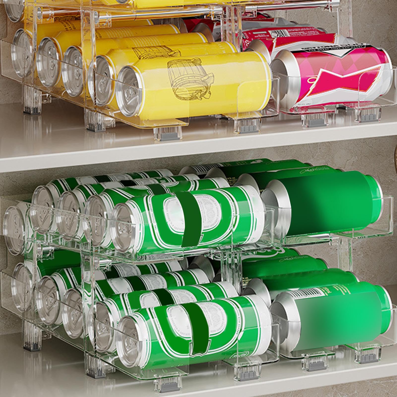 Organizador De Latas 2 Unidades Organizador De Latas De Bebidas | Cesta Transparente 2 Niveles Con Ancho Ajustable, Dispensador Retráctil Y Estantes Apilables Para Bebidas - Organización