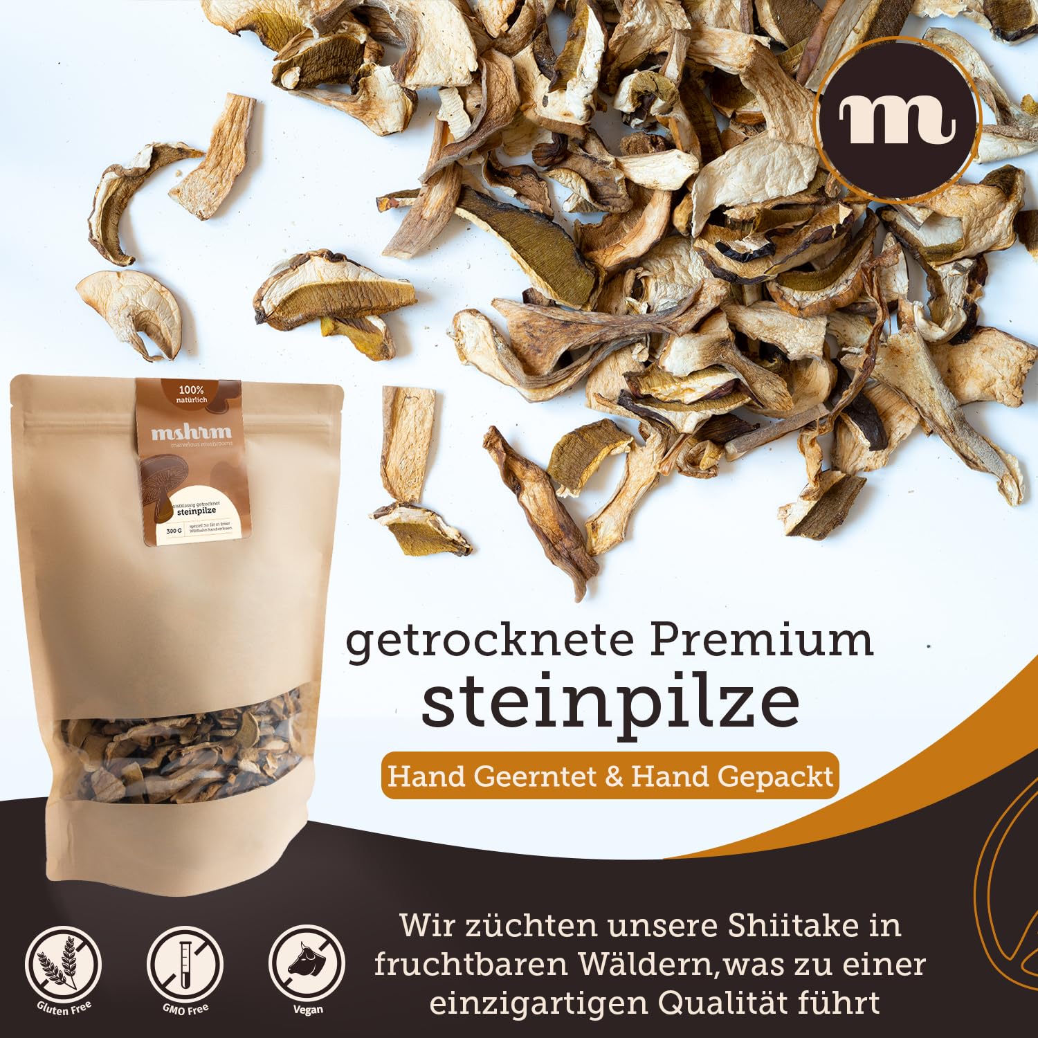 MSHRM Getrocknete Steinpilze 300g - Klasse 1 - Getrocknete Pilze in höchster Qualität zum Essen - Steinpilze getrocknet aus Nachhaltigem Anbau - Porcini Steinpilze getrocknet