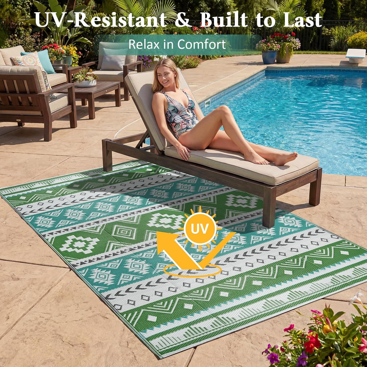 Outdoor Rug 5x8 ft Waterproof Reversible Plastic Straw Patio Camping Rug, Portable Indoor Outdoor RV Mat Carpet for Deck, Camper, Porch, Balcony, Backyard, Picnic, Blue