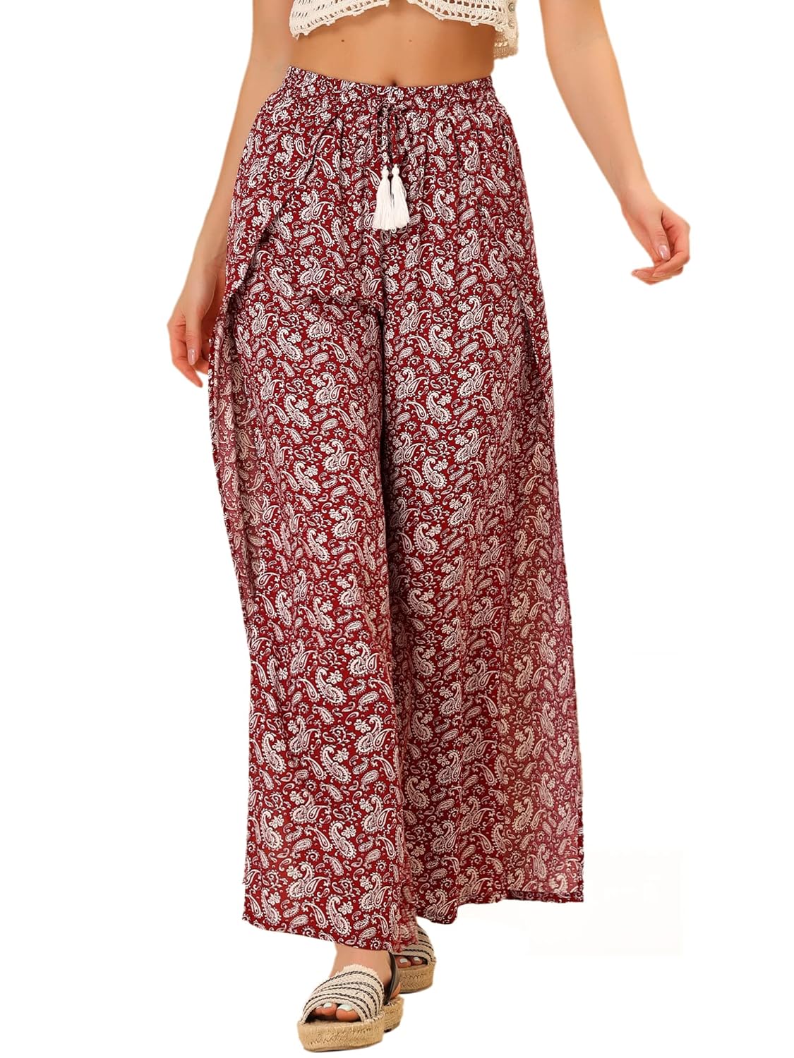 Allegra K Womens Boho High Waist Drawstring Split Flowy Wide Leg Pants