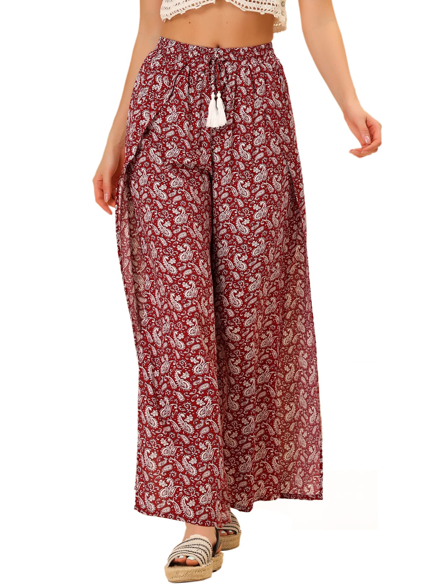 Allegra K Womens Boho High Waist Drawstring Split Flowy Wide Leg Pants