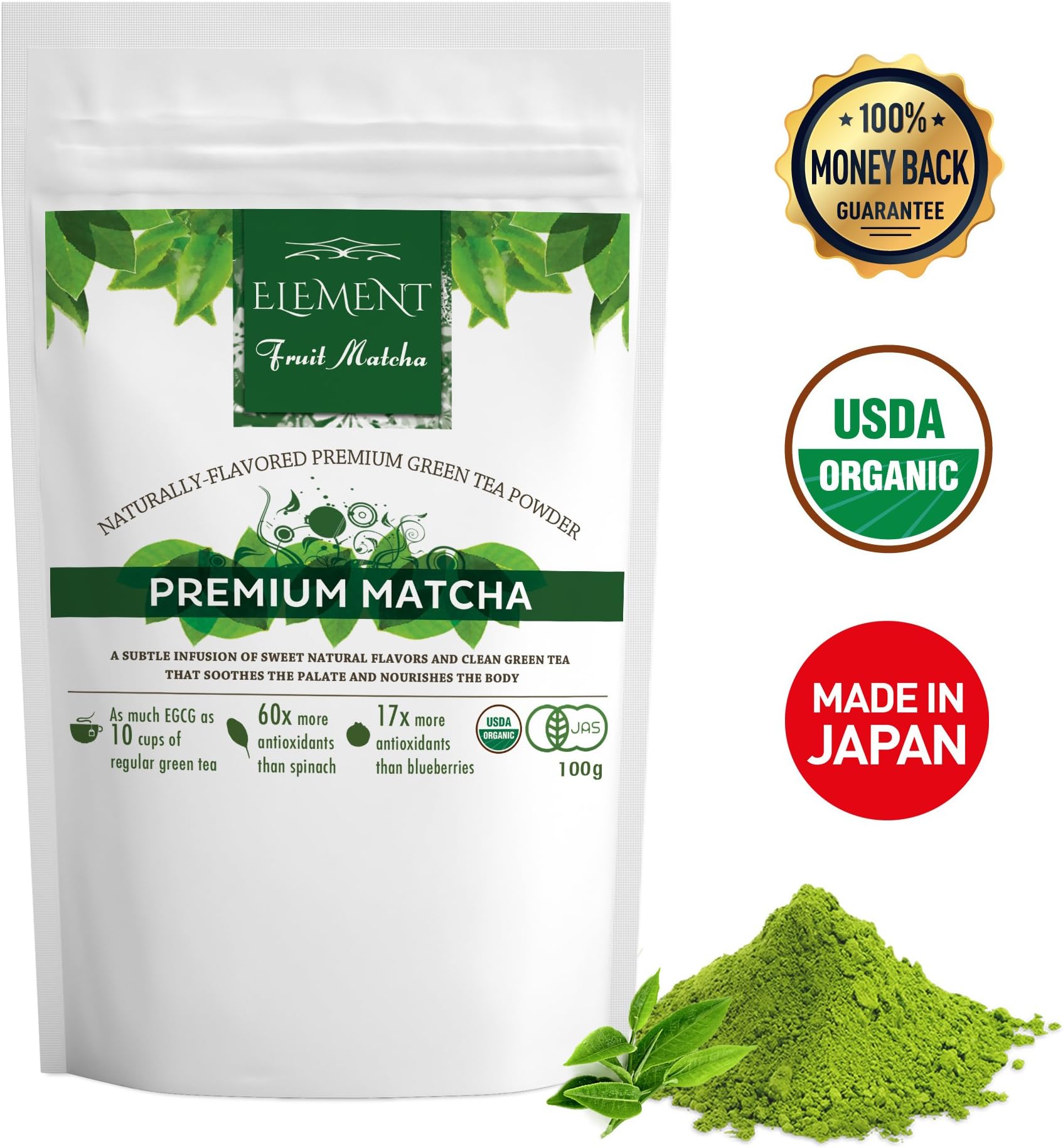 Element Matcha - Matcha Green Tea Powder Flavored with Natural Fruit - Premium Unflavored - (3.5oz/100g)(30 servings) - USDA Organic - Perfect for: Green Smoothies - Shakes - Baking - Matcha Lattes