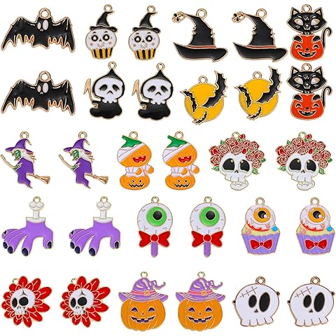 30 Pcs Halloween Charms Pendants Enamel Charms Pumpkin Ghost Skull Bat Charms for J...