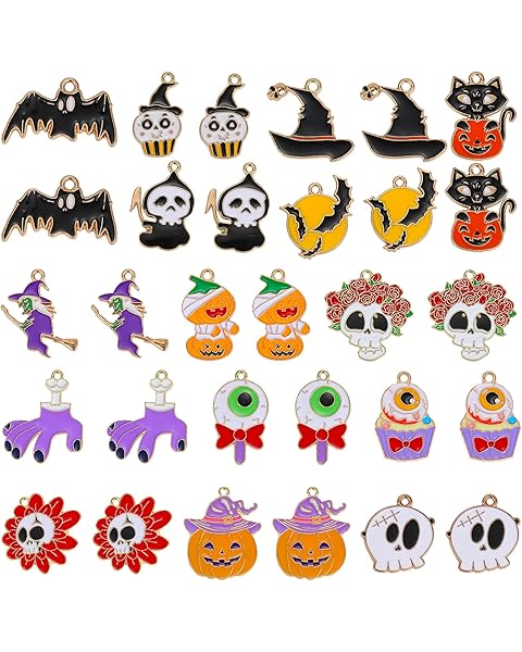 30 Pcs Halloween Charms Pendants Enamel Charms Pumpkin Ghost Skull Bat Charms for J...