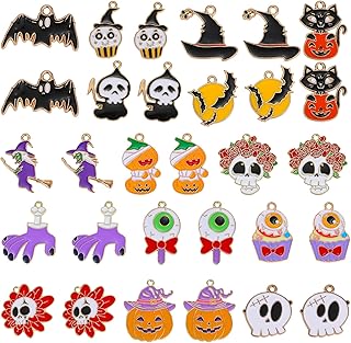 COGCHARGER 30 Pcs Halloween Charms Pendants Enamel Charms Pumpkin Ghost Skull Bat Charms for Jewelry Making Necklace Bracelet Earrings Supplies Halloween Party Decoration