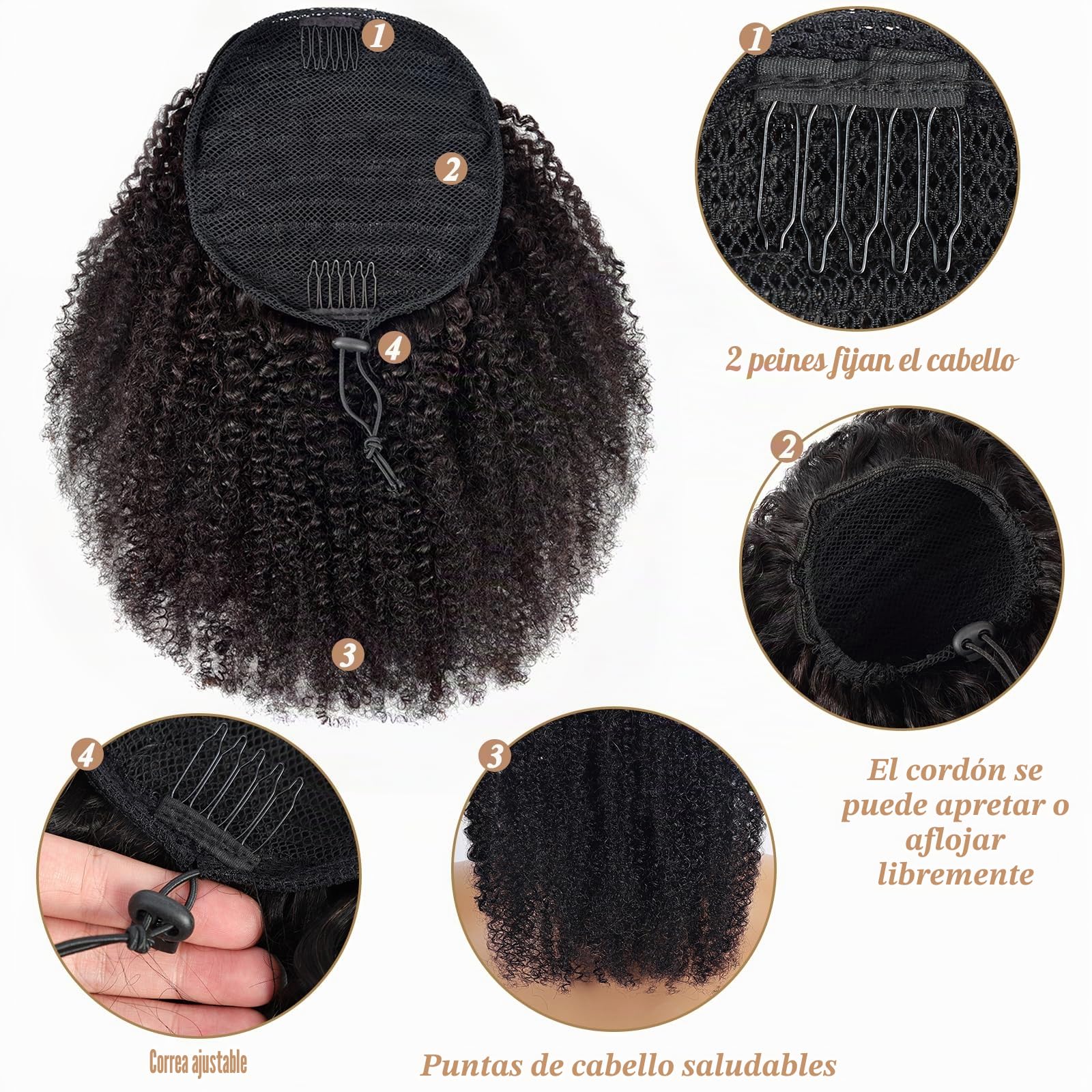 Coleta afro Puff con cordón para mujeres negras, densidad del 150%, cabello humano virgen brasileño 10A, 4C, afro rizado, extensiones de cabello humano con clip, 120 g, color natural, 25,4 cm