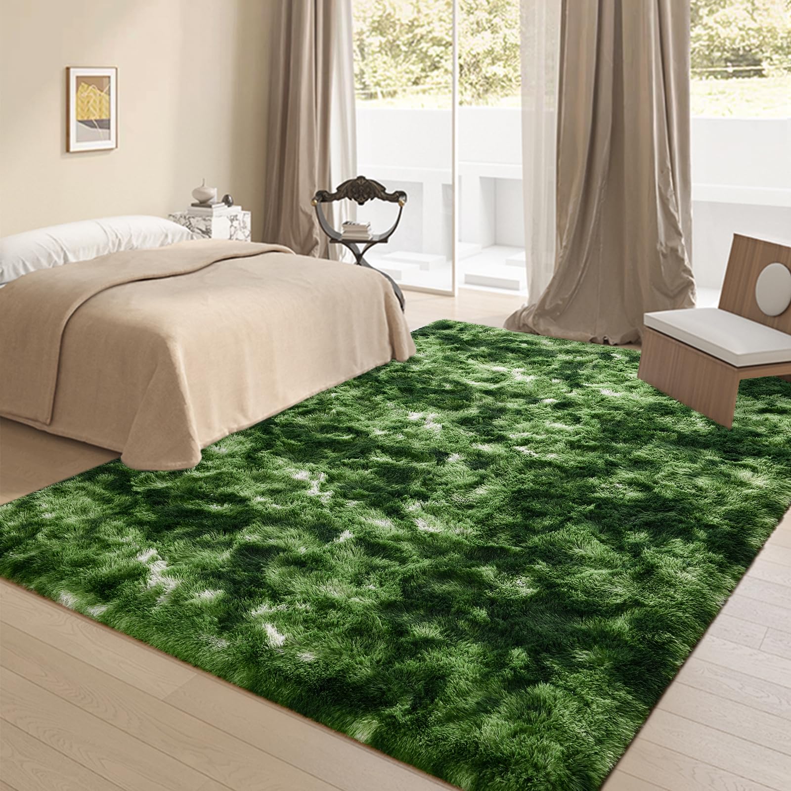 Tapis Poils Longs 122x183 Cm - Design Carreaux Vert Olive & Blanc | Décoration Salon & Chambre | Doux & Antidérapant