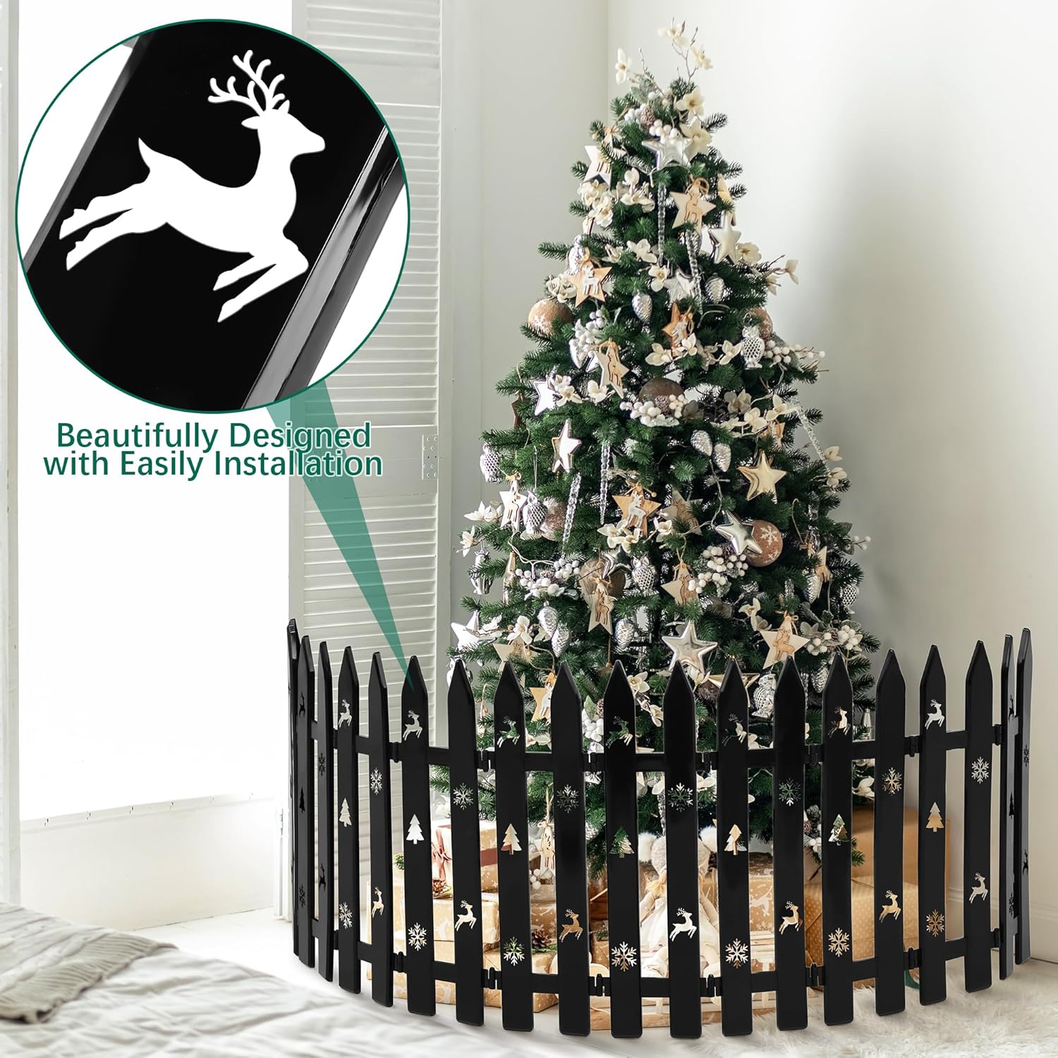 Aodaer 24 Pcs 16 Inch Tall Christmas Tree Fence Thick Plastic Picket Fence Christmas Tree Gate Hollow Decorative Barrier for Dogs Cats Pets Xmas Garden Party, Black, Elk, Snowflakes, Xmas Trees