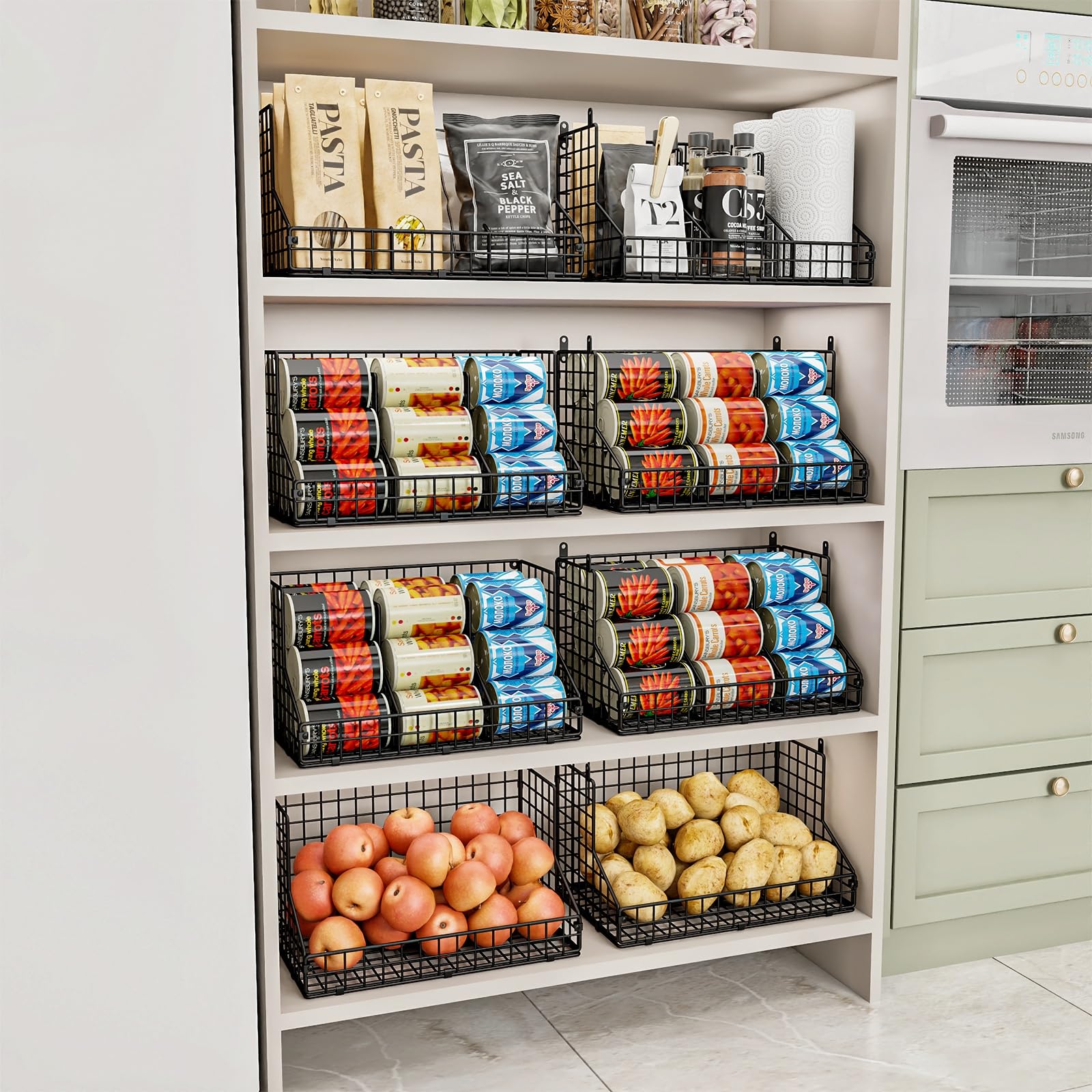 JKsmart Stapelbares Dosenregal für Speisekammer, Dosenspender mit 4 verstellbaren Trennwänden, 2-stöckiger Metalldrahtkorb, Getränke-Pop-Soda-Regal für Küchenschrank, Speisekammer, Schwarz, 2 Stück