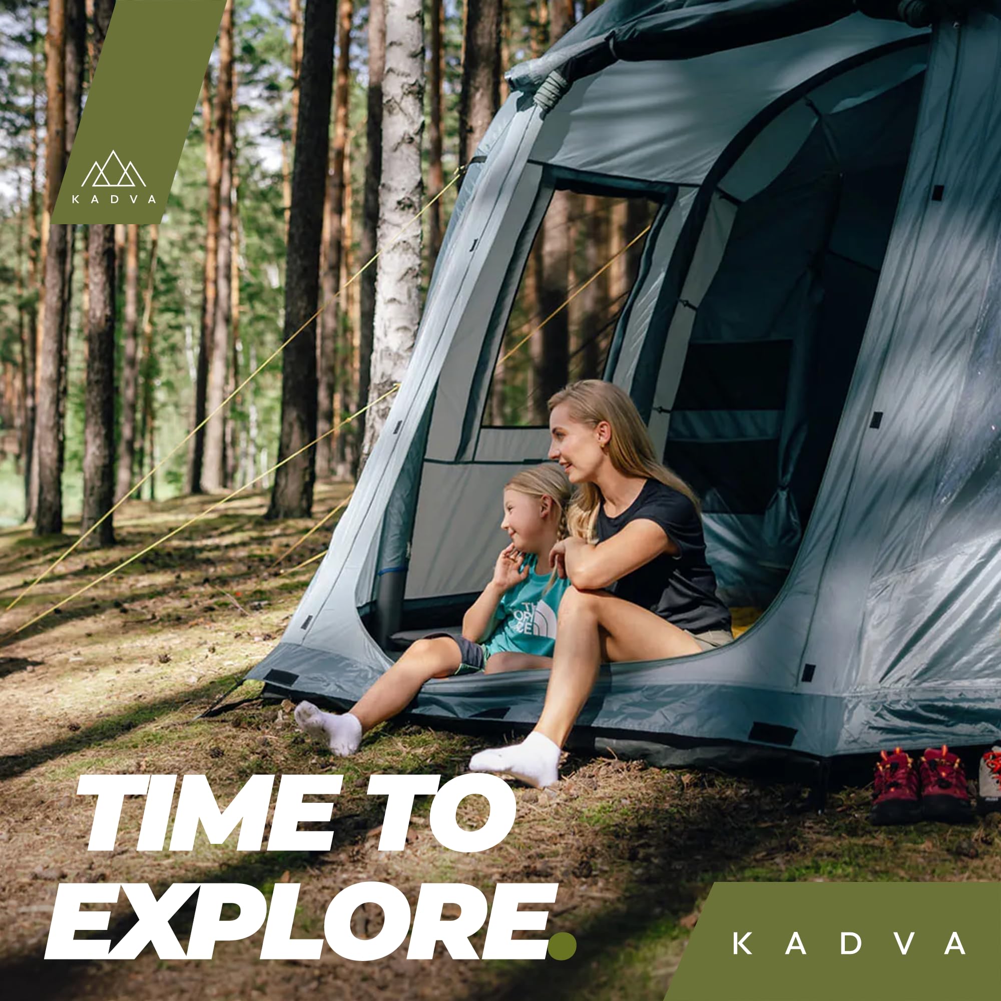 KADVA Namiot Kempingowy AIRcamp 4. 4 Osobowy z Pompką Konstrukcja Tunelowa 440 x 180 x 140 cm Wodoodporność 3000 mm Przestronność Daszek nad Wejściem Duża Powierzchnia Spania Kolor Zielony