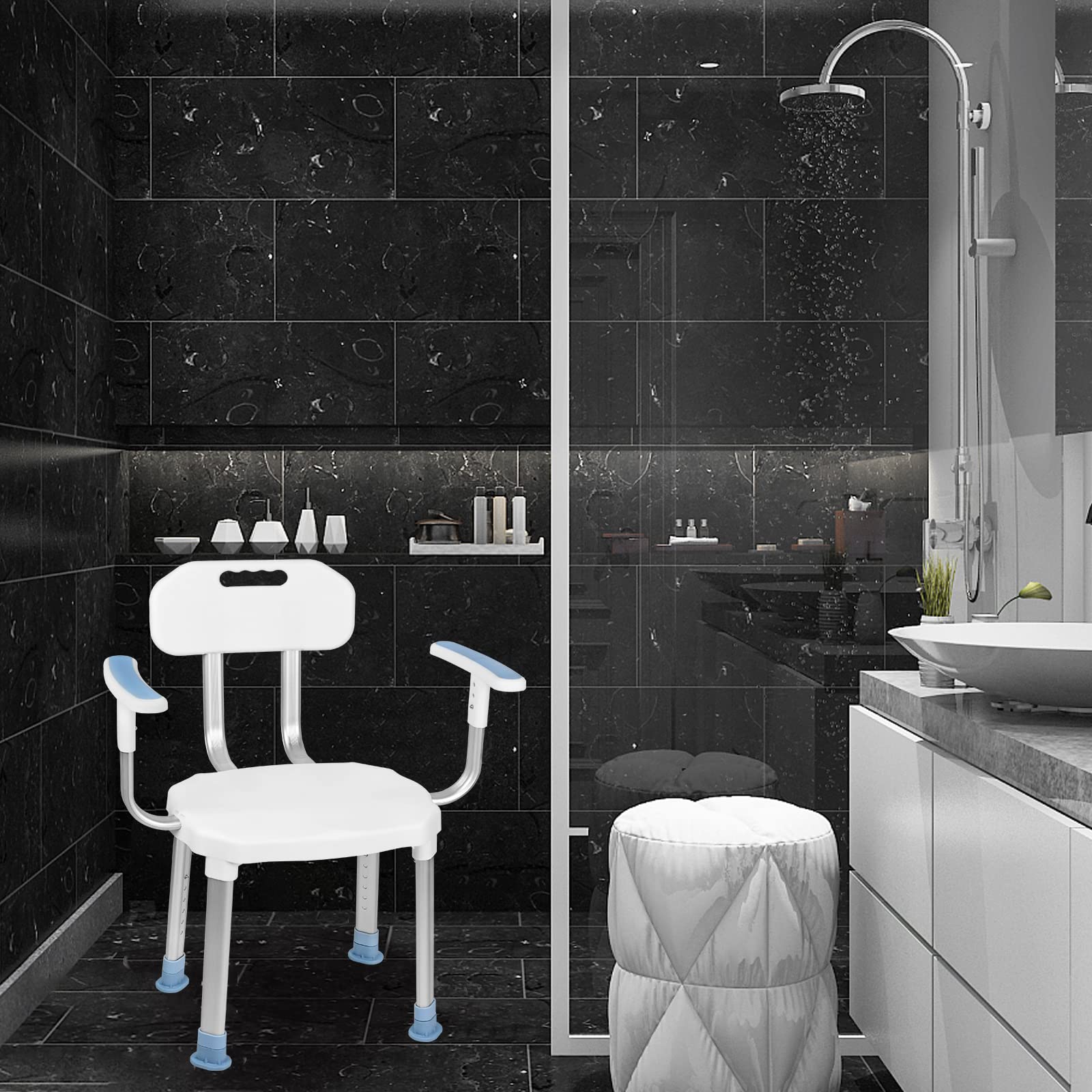 NAIZY Sgabello da doccia sedia da doccia 70-90 cm regolabile in altezza sgabello da bagno ausilio per la doccia sedile doccia antiscivolo in alluminio e plastica(tipo B, con schienale/braccioli)