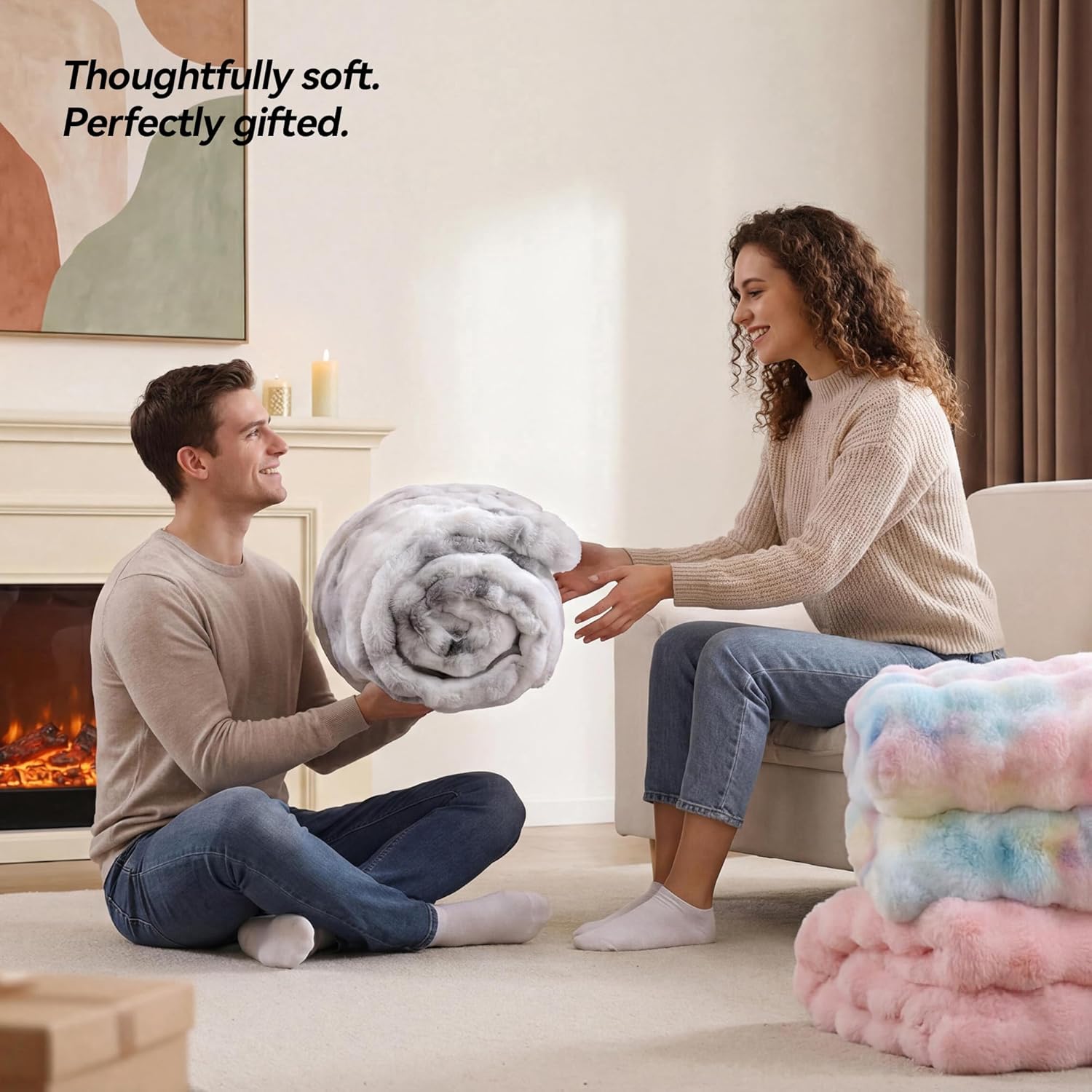 YIKUSH Faux Fur Throw Blanket for Couch, Tie-dye Grey Fluffy Cozy Rabbit Bubble Fleece Blanket, Soft Fuzzy Blanket for Sofa & Bed, Warm Plush Thick Luxury Home Room Decor Throw 60"x80"-1100GMS
