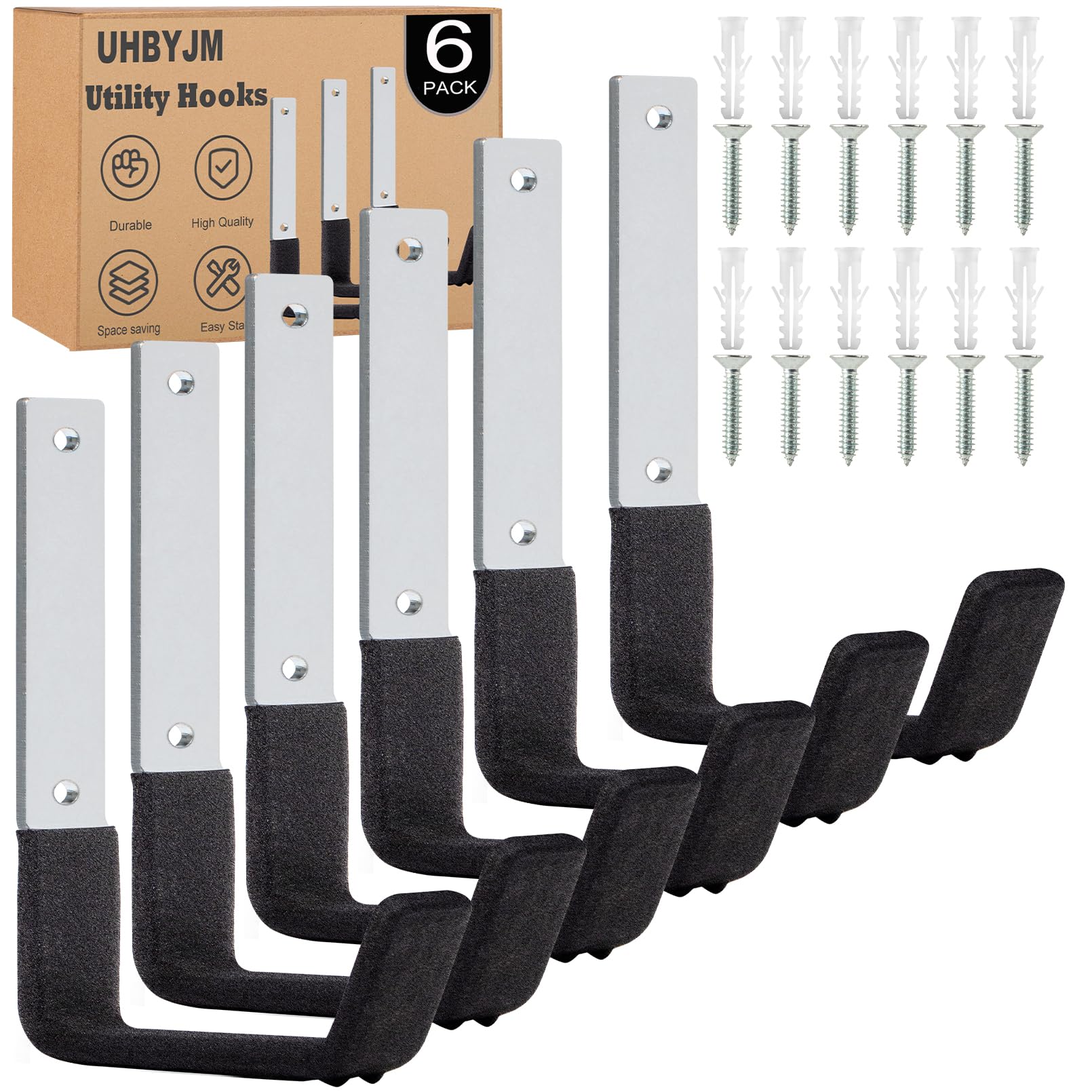 UHBYJM Utility Hooks Heavy Duty,6 Pack Steel Garage Hooks,Utility Hooks Wall Mount for Garage Storage,Ladder Hooks Garden Hooks,Garage Storage Hooks for Bike Garden Hose Garden Tools(6 Medium)