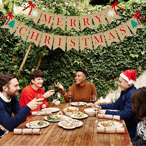 Miniatura 7 de PACETAP Cartel de arpillera de Feliz Navidad con 4 lazos rojos, decoración navideña para el hogar para interiores, chimenea, pared, árbol