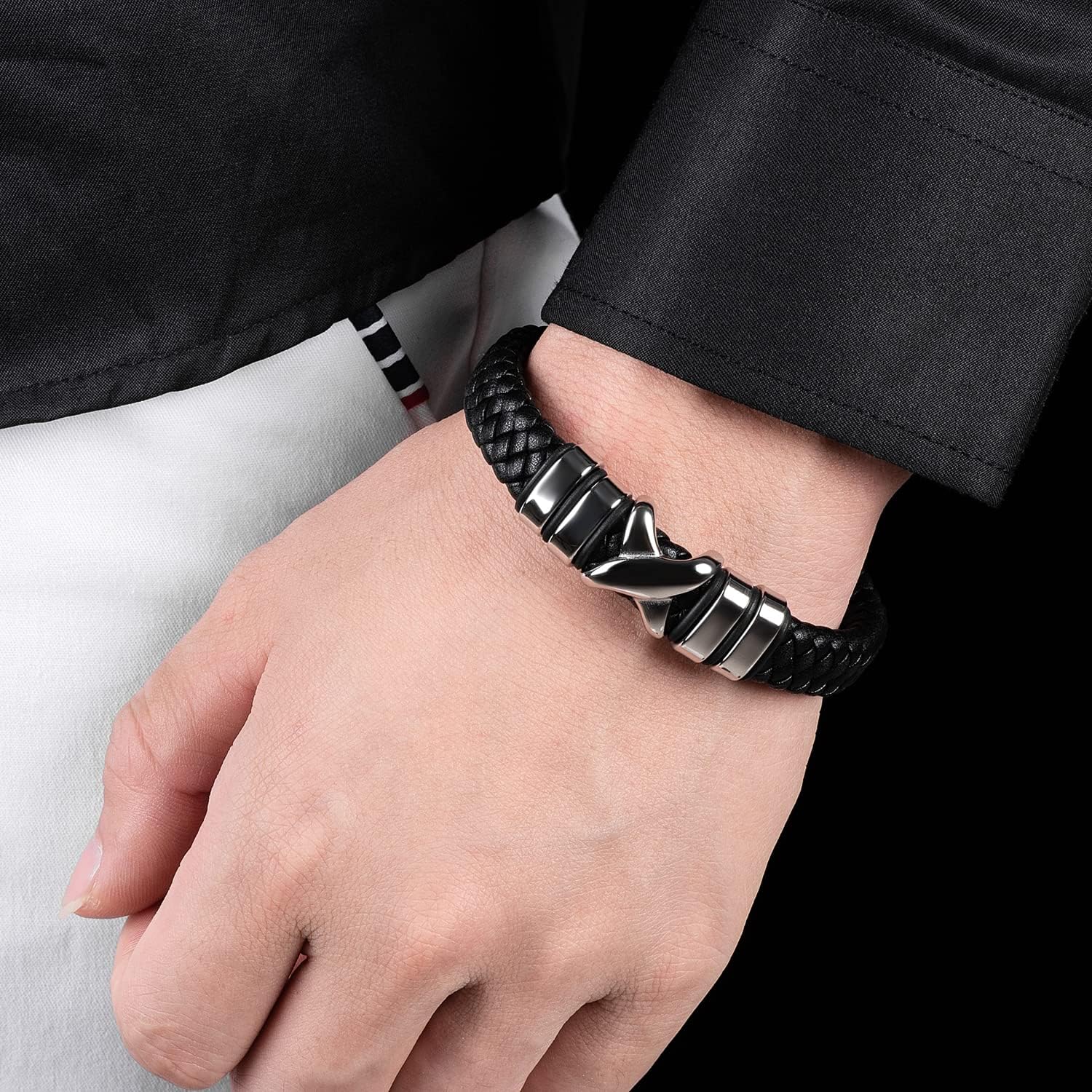 Leather Bracelet for Men Braided Cuff Wristband Stainless Steel Clasp in Silver and Gold Jewellery Gift - Image 3