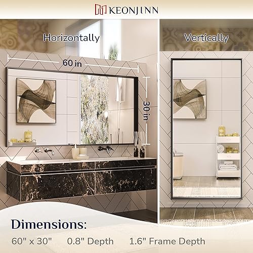 Miniatura 8 de Keonjinn - Espejo de baño negro de 60 x 30 pulgadas, espejos de pared rectangulares grandes y mates para lavabo de baño, espejo de granja con marco