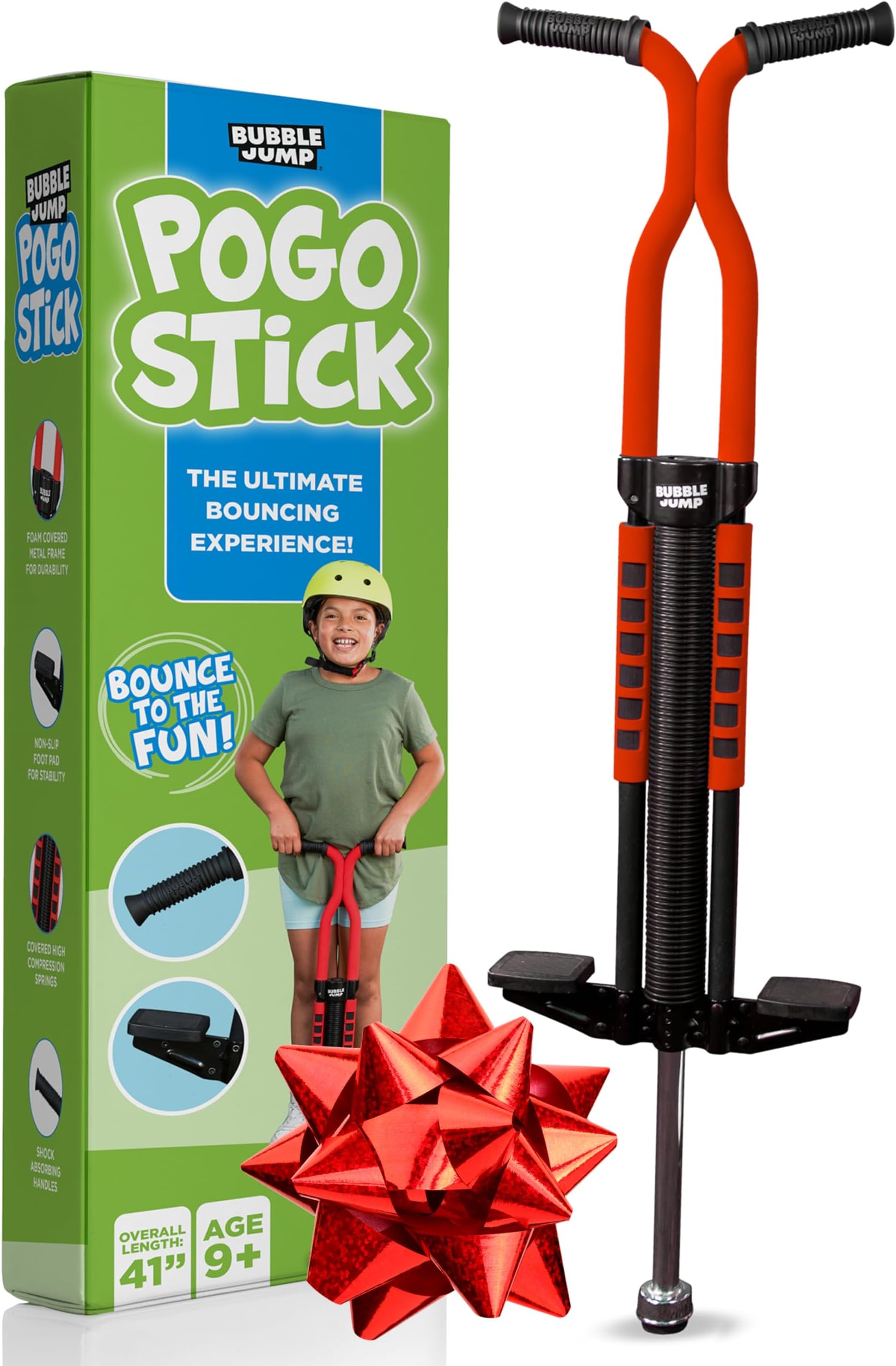 BUBBLE JUMP Pogo Stick for Kids Age 10 & up Red - for Boys, Girls, Teens & Adults 80 to 160 Lbs - Easy Grip Rubber Handle Master Jumper Pogo Sticks - High Jumping Kids Pogo Stick