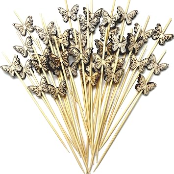 100 Pcs Butterfly Bamboo Skewers Cocktail Picks, 4.7 Inch | Toothpicks for Appetizers, Charcuterie Accessories, Cocktail Toothpicks, Skewers for Appetizers, Food Picks
