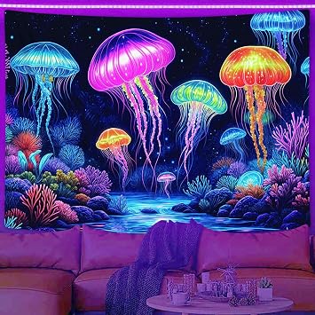 MCKTOM Blacklight Jellyfish Tapestry UV Reactive Wall Hanging Tapestries Fantasy Ocean Glow in The Dark Psychedelic Boho Hippie Wall Posters for Bedroom Living Room Party Backdrop 60X40 inch