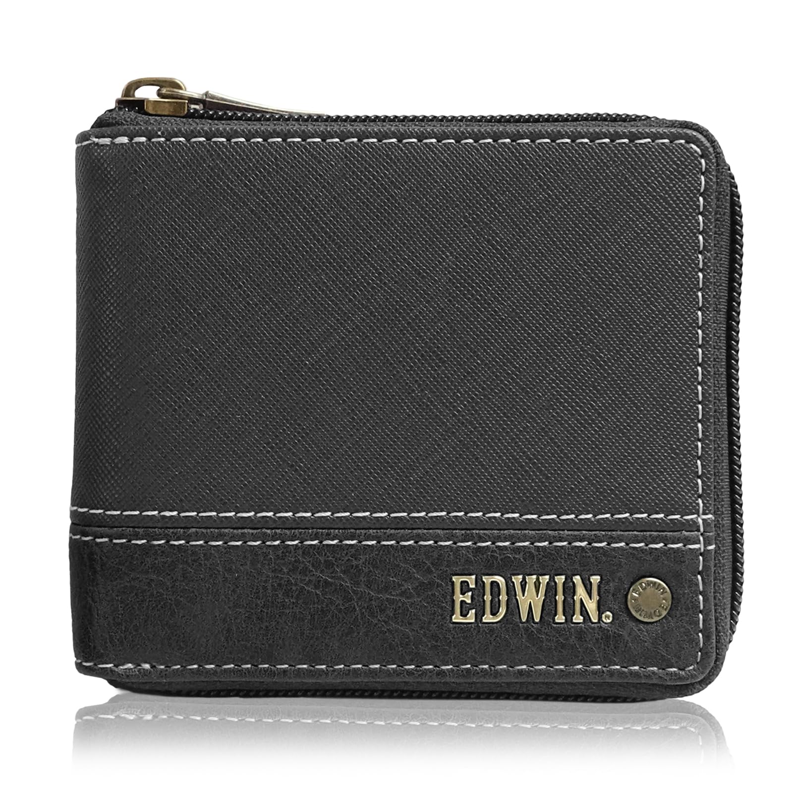 Edwin Men's Bi-Fold Wallet, Synthetic Leather, Round Zip, Coin Storage, Card Storage, Embossing, Stitching, Rivet, Black, F