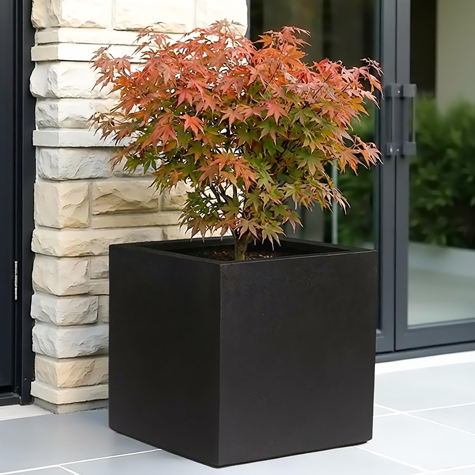 IDEALIST 50cm Planter for Trees | Black Reinforced Stone Large Square Flower Pot with Drainage Holes L50 W50 H50 cm, 126 litres โ image 1