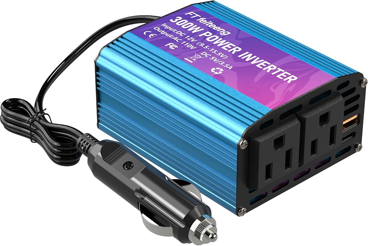 300W Car Power Inverter 12V DC to 110V AC Power Inverters for Vehicles | Car Plug Adapter Outlet with 2 AC Outlets, Type-C, USB Port for Phones, Laptops, Road Trips(Blue)
