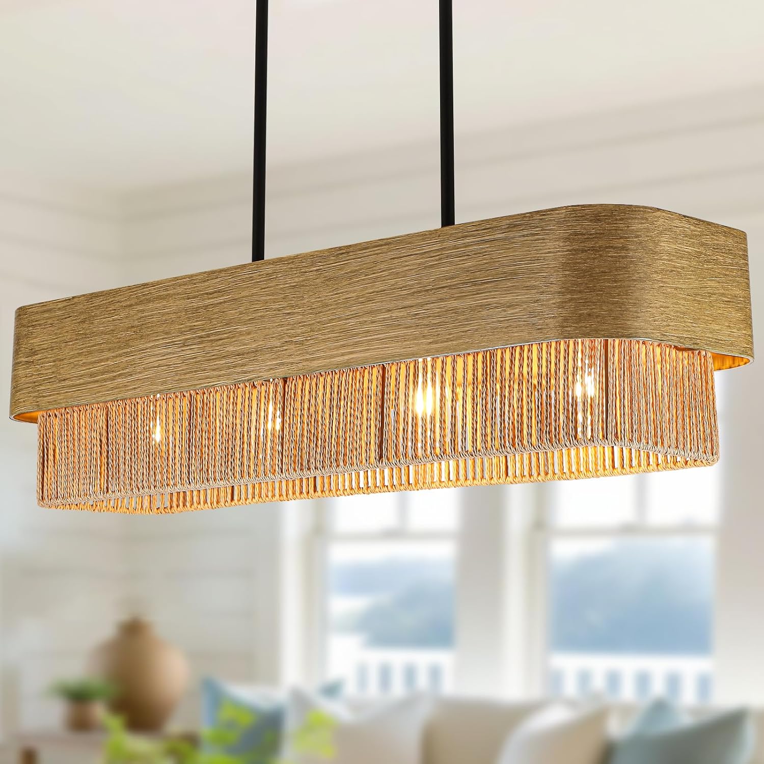 38 Inch Boho Rattan Chandelier, 4-Light Rectangle Dining Room Light Fixture, 2 Layer Large Linear Chandelier with Woven Rattan Shade for Dining Room Kitchen Island Living Room