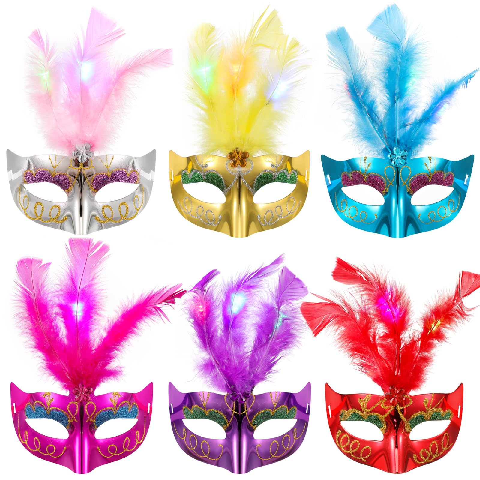 Shappy12 Pcs Mardi Gras Feather Mask with LED Light up Feather Mask Women's Masquerade Mask for dress Cosplay Prom Party Costumes Accessories
