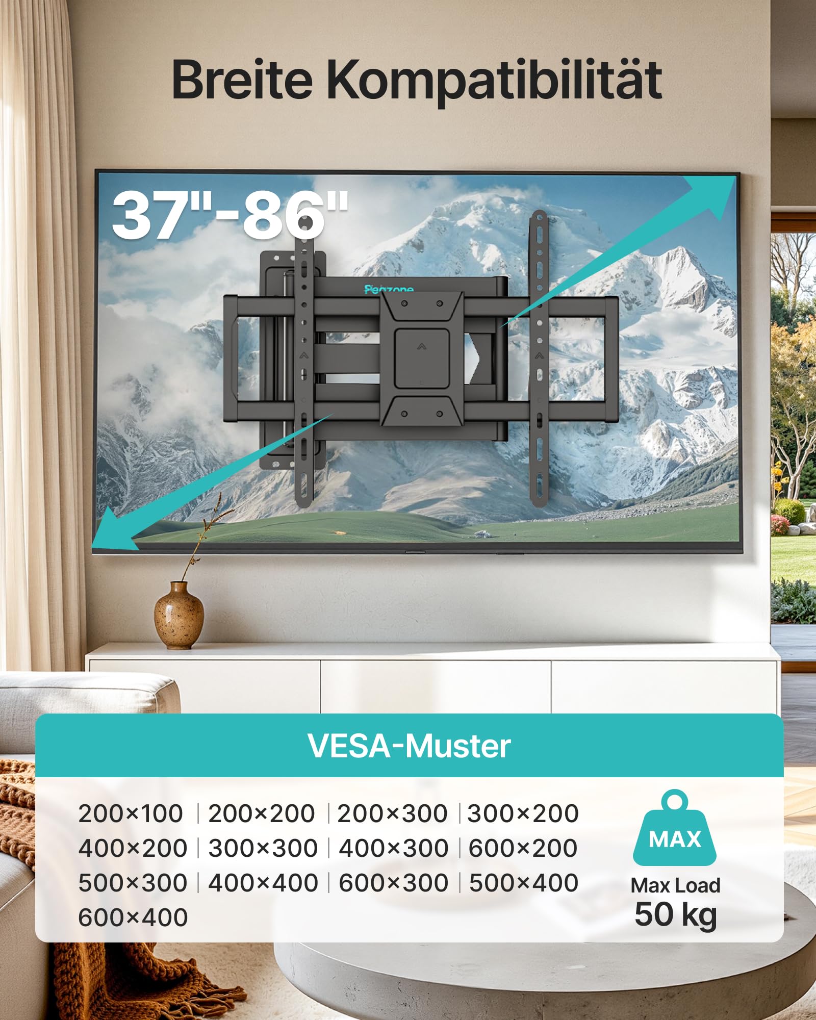 PEGZONE TV Wandhalterung Langarm 85-975mm 37-86" bis 50kg, VESA max.600x400 | Wandhalterung Fernseher für LCD, LED & OLED, schwenk- und neigbarer extra langer Arm, inkl. praktischer Kabelbinder