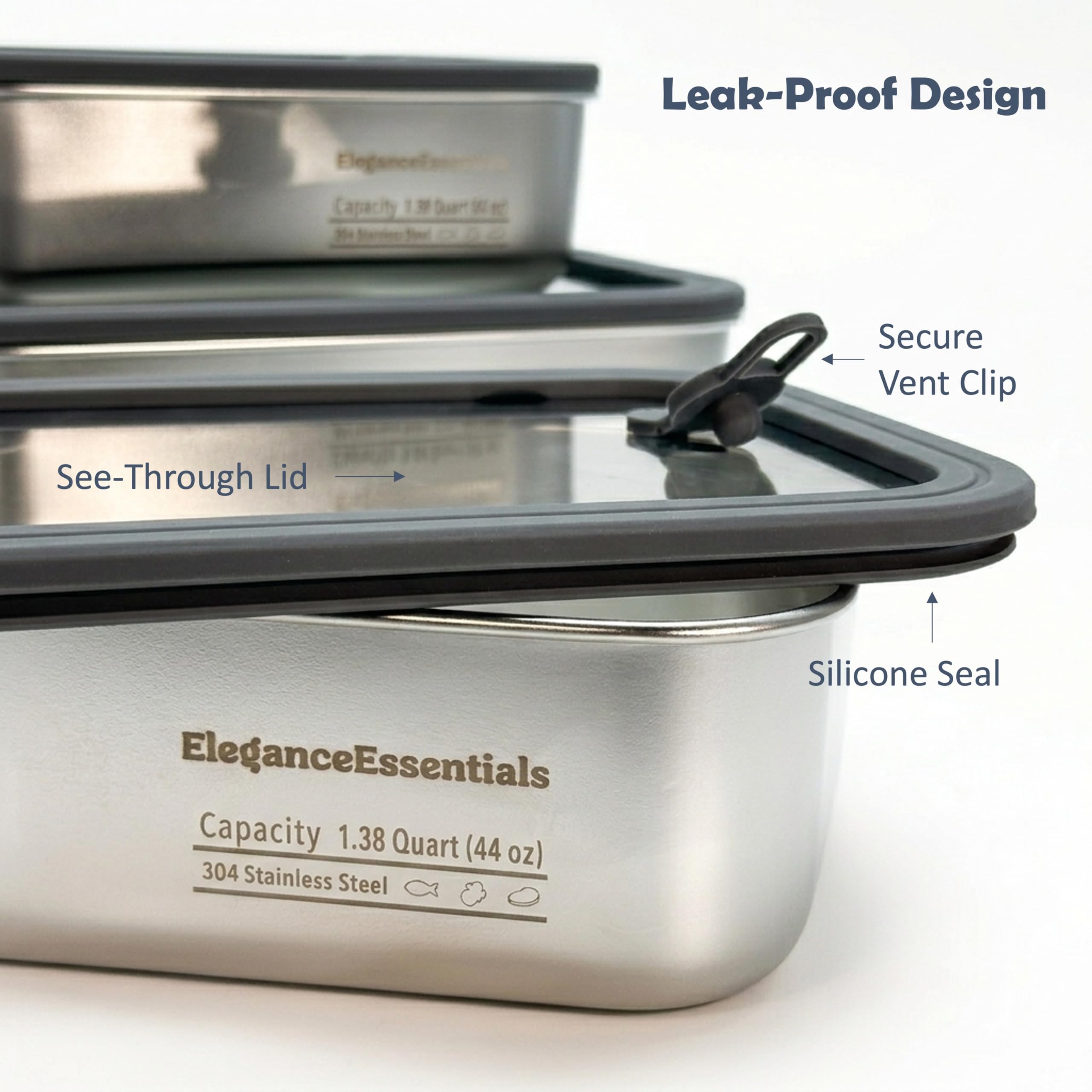 Edelstahl-Frischhaltedosen mit Deckel, 3 Stück (625 ml + 1247 ml + 2,2 l), luftdicht, auslaufsicher, 304 Metall, Mahlzeiten-Vorbereitungsbehälter, Bento-Lunchbox, gefrier- und