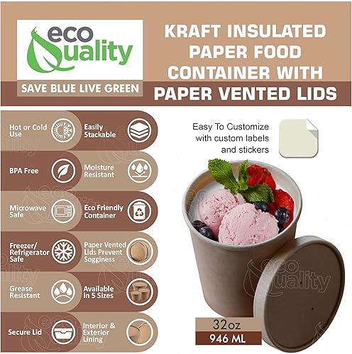 EcoQuality [Paquete de 75] Contenedores desechables de papel kraft para sopa de 32 onzas con tapas ventiladas, recipientes de helado de cuarto de