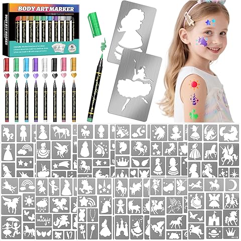 Temporary Tattoo Markers for Skin, 8 Metal Body Markers + 169 Large Princess Rainbow Tattoo Stencils for Kids Adults, Cosmetic-Grade Tattoo Ink, DIY Body Art Party Favors for Women Men