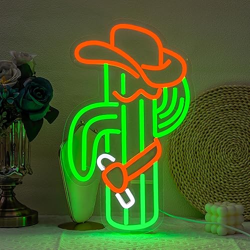 Letrero de neón de cactus, sombrero de vaquero, luz de neón para decoración de pared, letrero de neón LED colorido, luz de neón LED para dormitorio,
