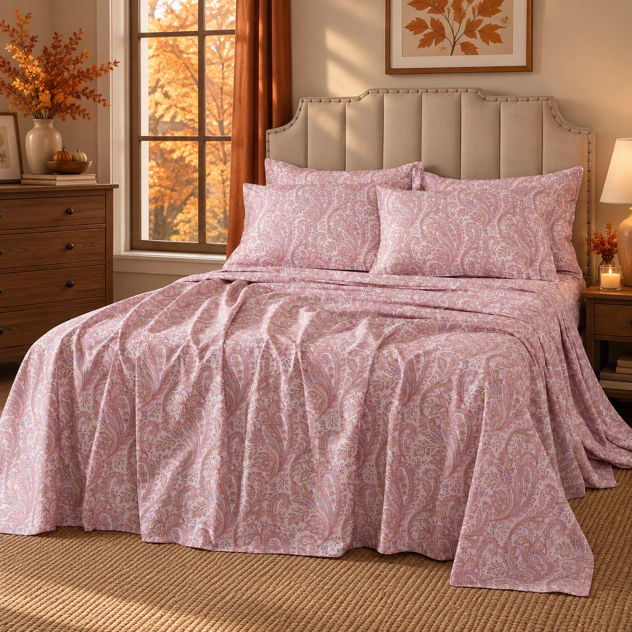 FADFAY Luxury Paisley Sheets Set Queen Classy Red and Gold Floral Farmhouse Bedding Elegent Red Paisley Bedding Set 100% Cotton Super Soft Hypoallergenic Deep Pocket Fitted Sheet 4-Pieces,Queen Size