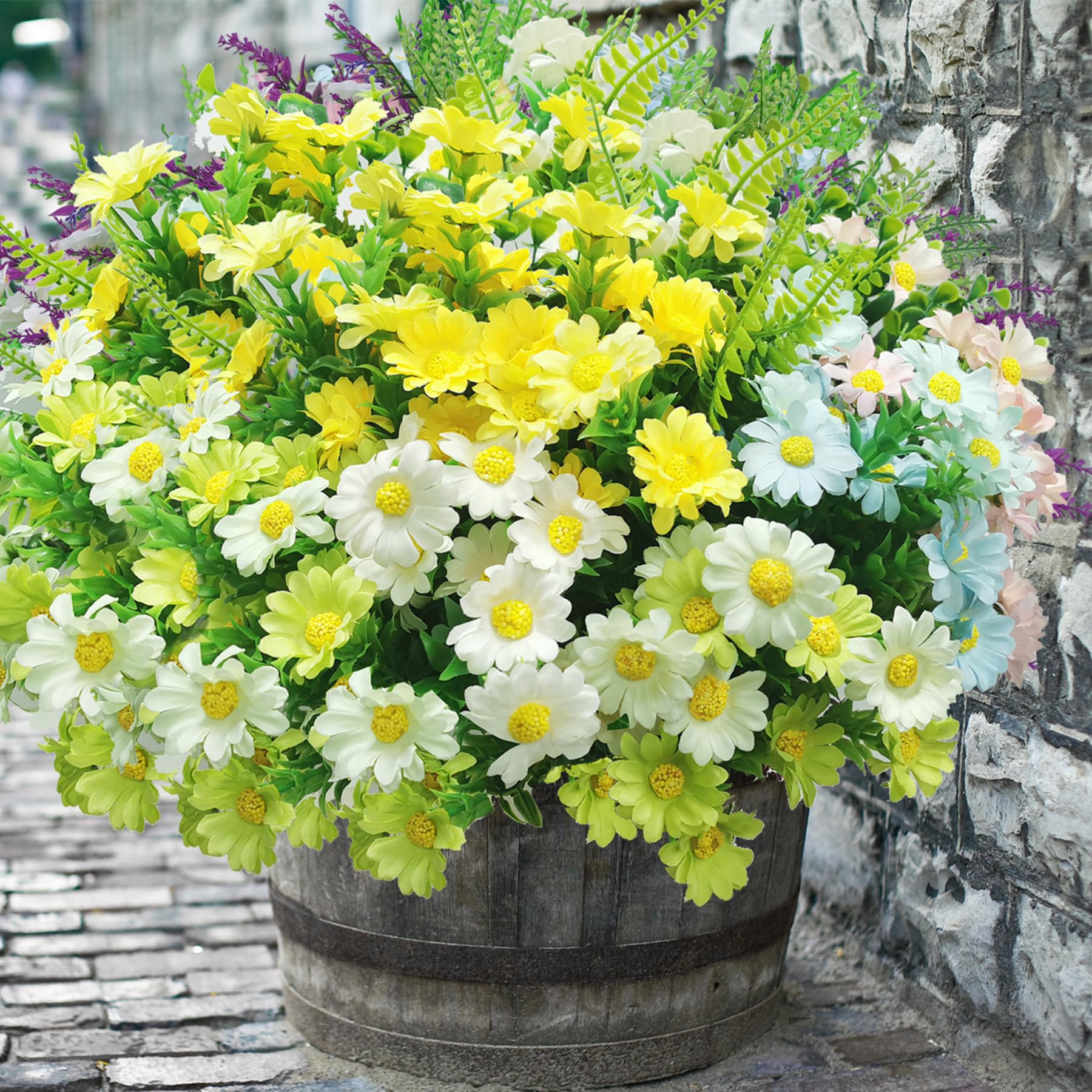 20Pcs Artificial Flowers Outdoor Fake Plants, Daisy Fake Flowers UV Resistant 5 Colors Plastic Flowers Outdoor Plants Faux Shrubs for Porch Window Box Home Garden Hanging Decor