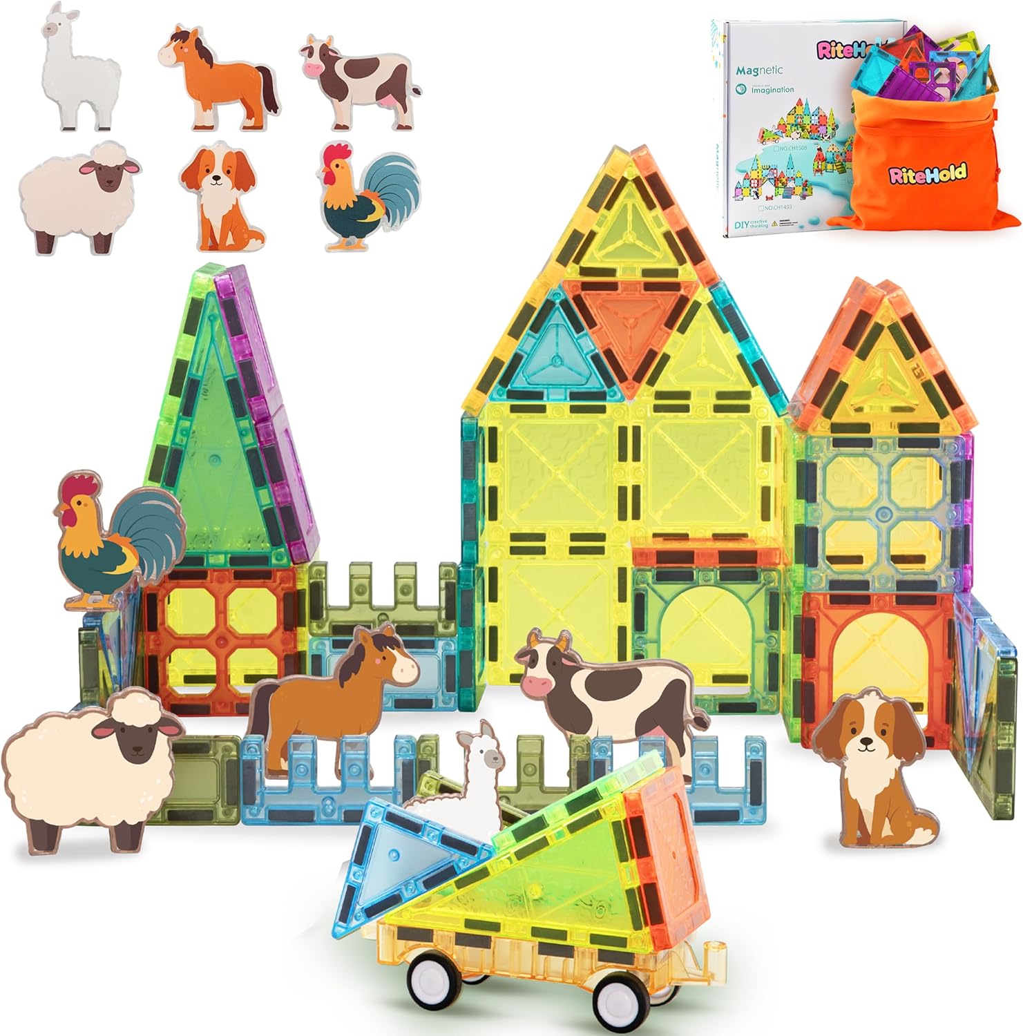 Magnetic Tiles Farm Animals 52PCS, STEM Toys Magnet Building Blocks for Kids Ages 3 4 5 6 7 8, Toddler Construction Stacking Tiles Toys Gifts for Boys Girls 3+