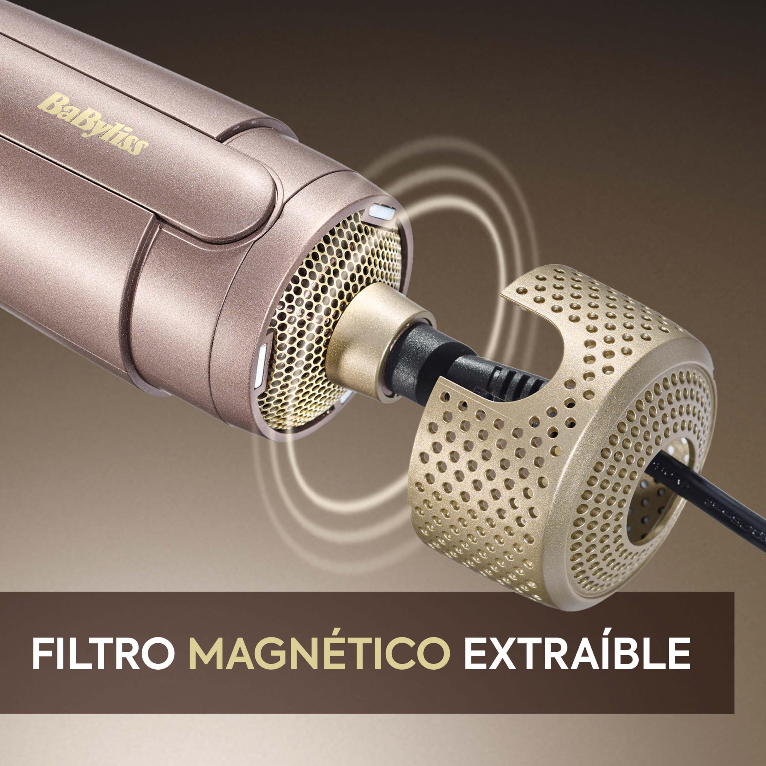 BaByliss Cepillo de Aire Air Power Volume 2 en 1 Secador de Pelo y Styler – Modo Húmedo y Seco, Cepillo Secador Moldeador, 3 ajustes de temperatura, Iónico, Cerámico, Dorado, AS95E