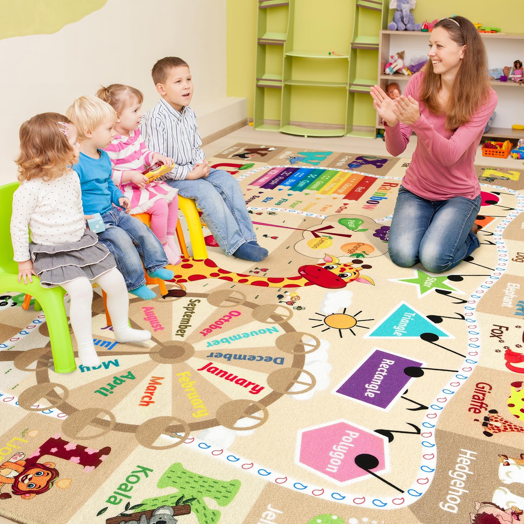 Grand tapis de salle de jeux pour enfants – Tapis éducatif et amusant avec lettres de l'alphabet ABC – Tapis lavable pour salle de classe – 152 x 24 cm – Beige